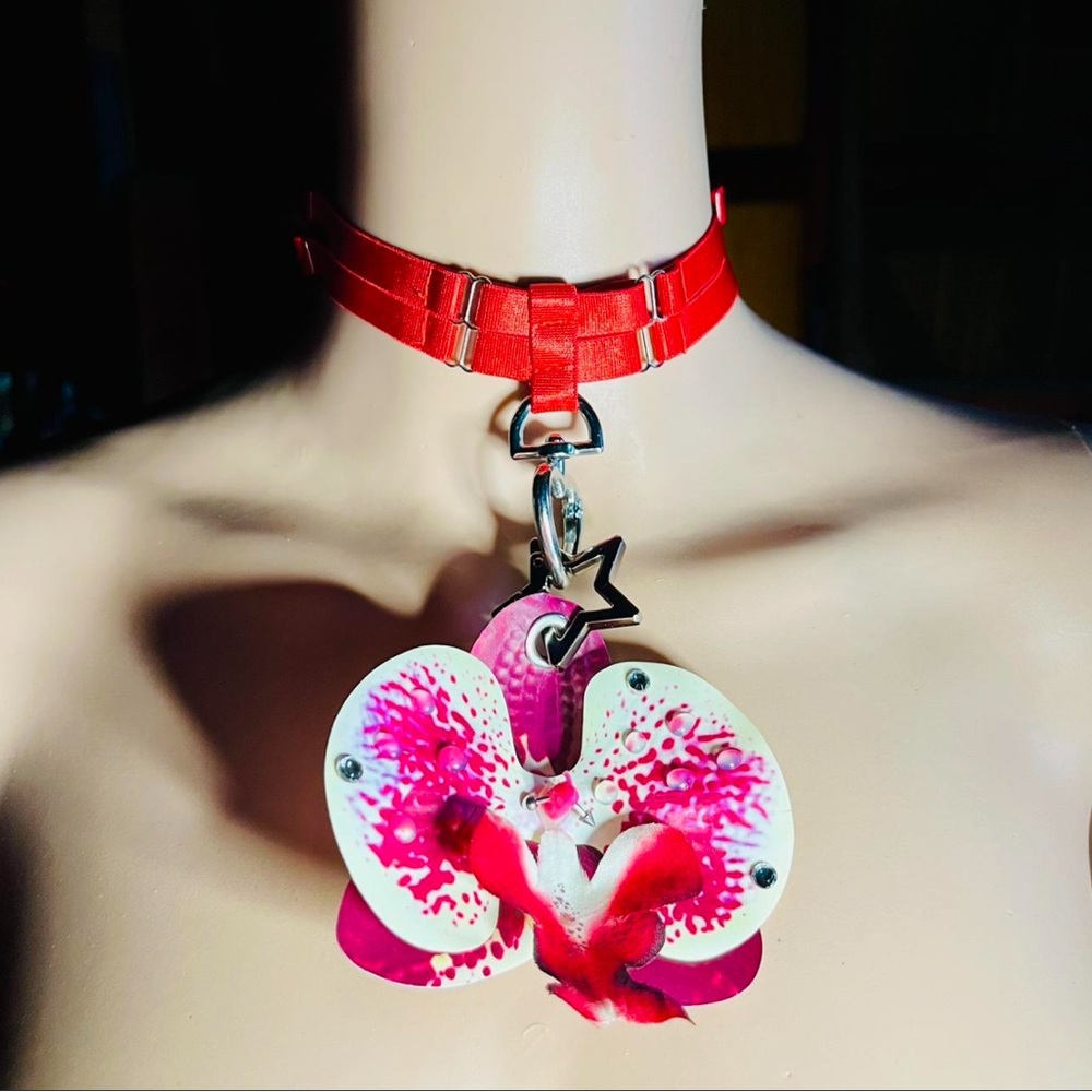 Hot Pink & Red Orchid Choker Necklace